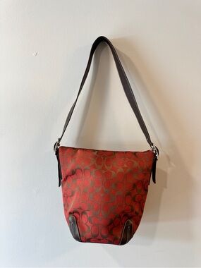 Coach Vintage Signature Jacquard Bucket Hobo Bag Red & Brown #6076